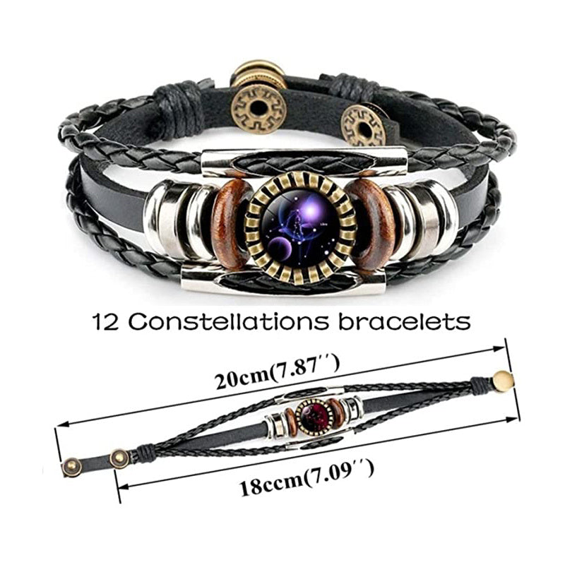 Stjärnteckenarmband för kvinnor och män, 12 stjärnbilder, pärlbesatta handvävda PU-läderarmband