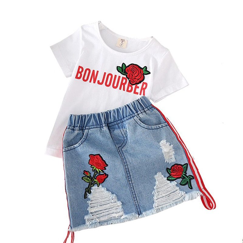 Vêtements pour enfants T-shirt blanc Jupe en jean 2pcs Costumes pour filles