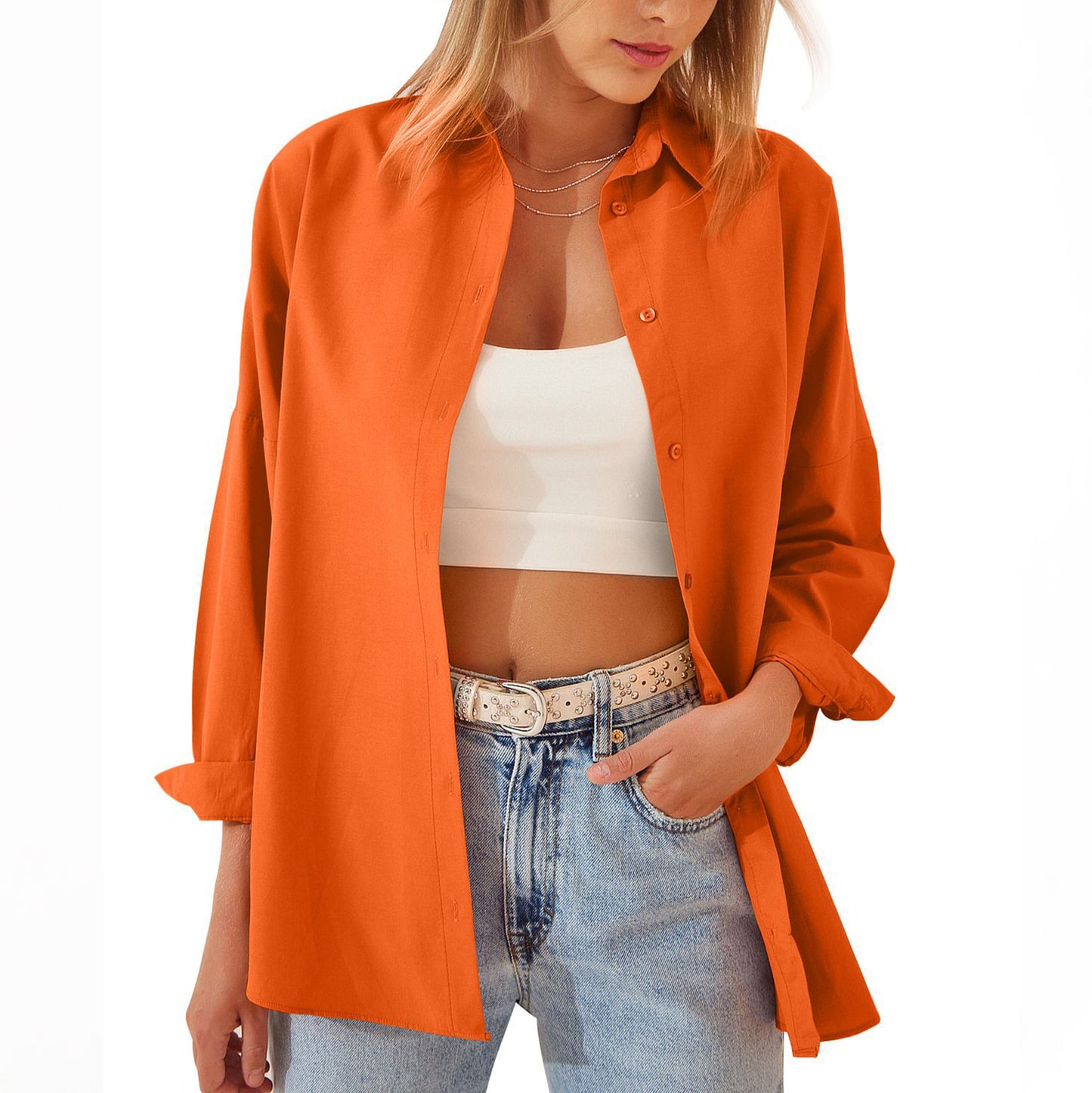 Veste chemise pour femme, chemisier à manches longues, hauts boutonnés, chemise couleur bonbon
