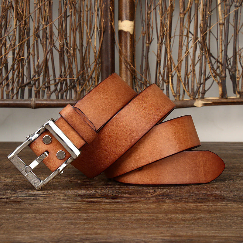Men's Retro Leather All-Match First Layer Cowhide Stainless Steel Buckle Belt - Vintage Character