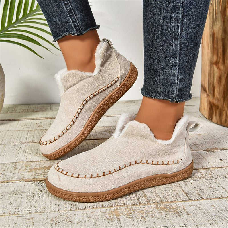 Women's V-Cut Plush Ankle Boots - Winter Velvet Flat Snow Boots