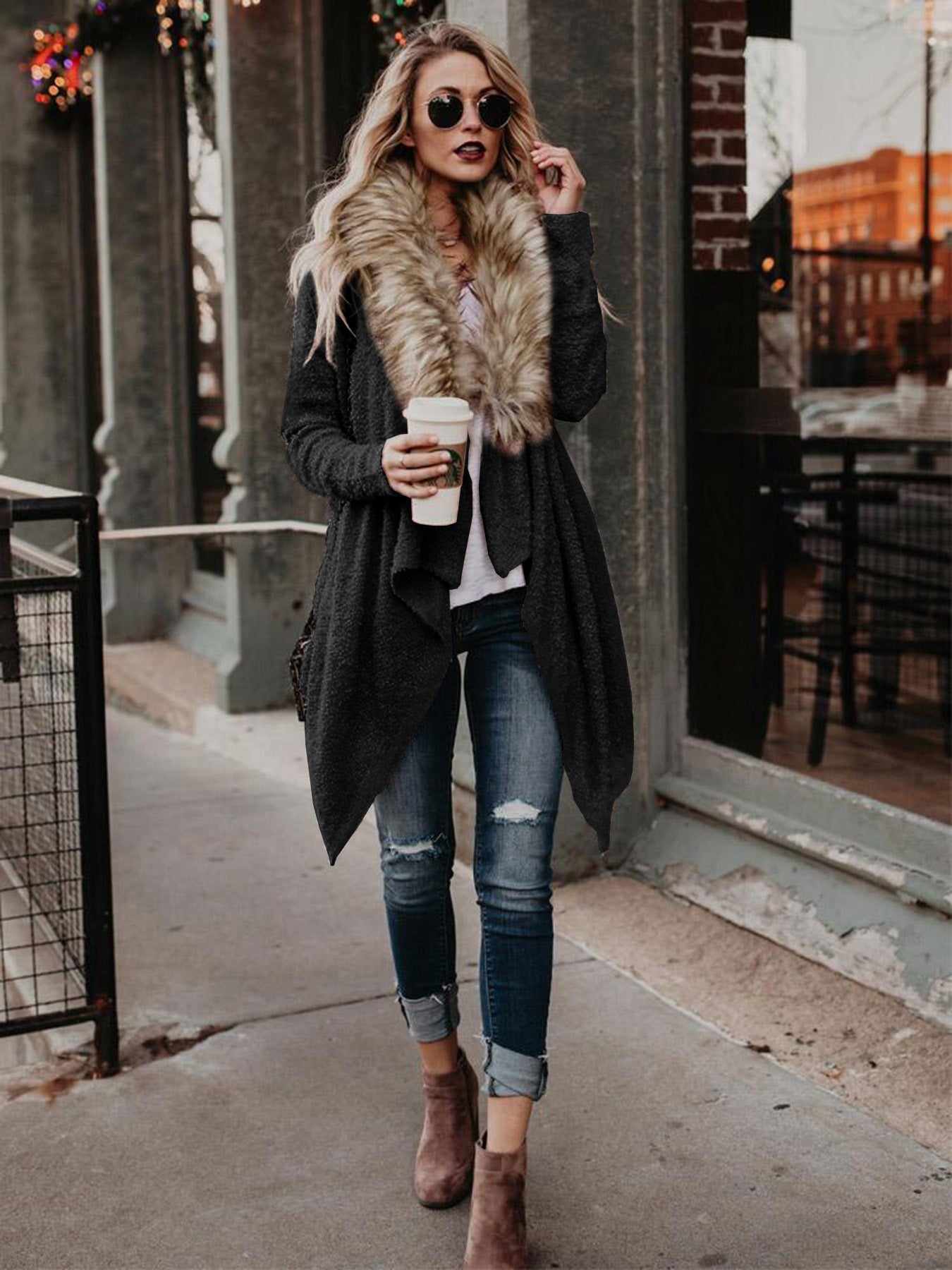 Trench-coat en peluche cardigan à col en fourrure