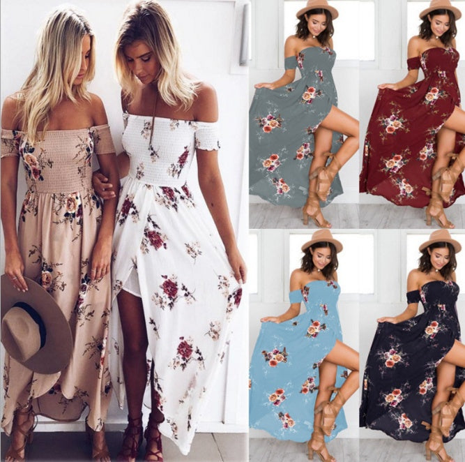 Boho style long klänning kvinnor Off axel strand sommar klänningar