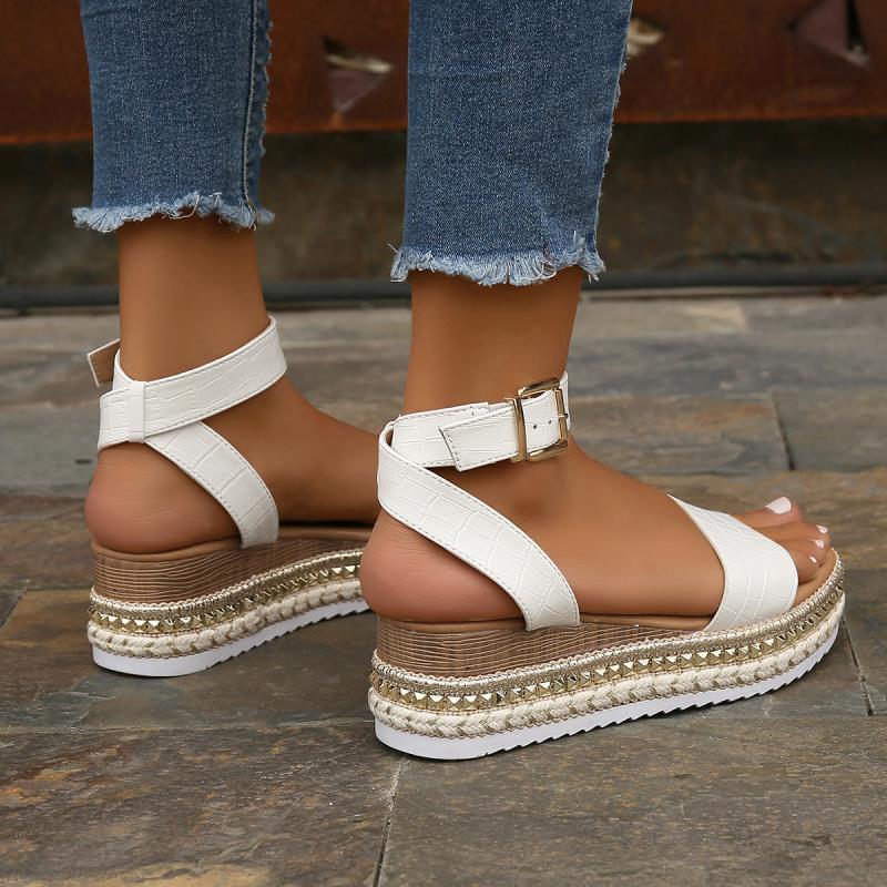 Sommar Sandaler Spänne Rem Hampa Kilar Plattform Peep Toe Skor Dam