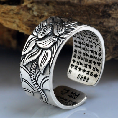 Bague Sutra en forme de cœur de Lotus pour hommes et femmes, argent thaïlandais noir