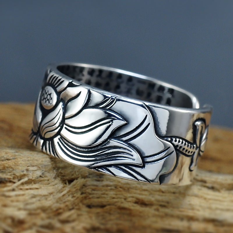 Bague Sutra en forme de cœur de Lotus pour hommes et femmes, argent thaïlandais noir