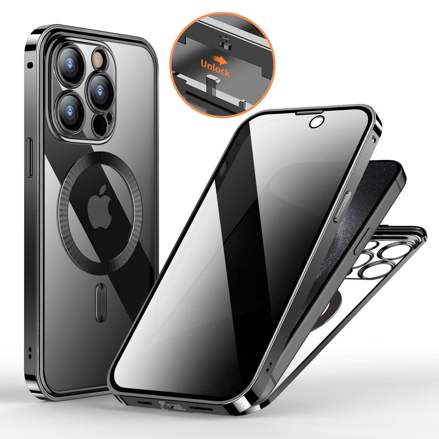 Anti-sekretess metallspänne magnetiskt stöd trådlös laddning dubbelsidig lins heltäckande telefonfodral skyddande fodral