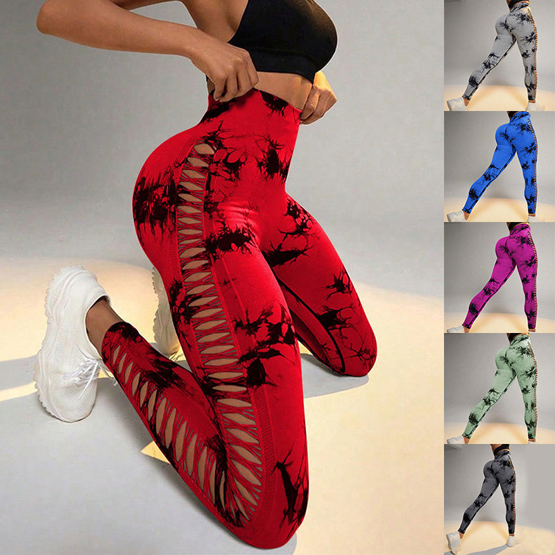 Hollow Tie Dye tryckta yogabyxor Hög midja rumplyft Sömlös Sport Gym Fitness Leggings Slimbyxor för kvinnor Tighta byxor