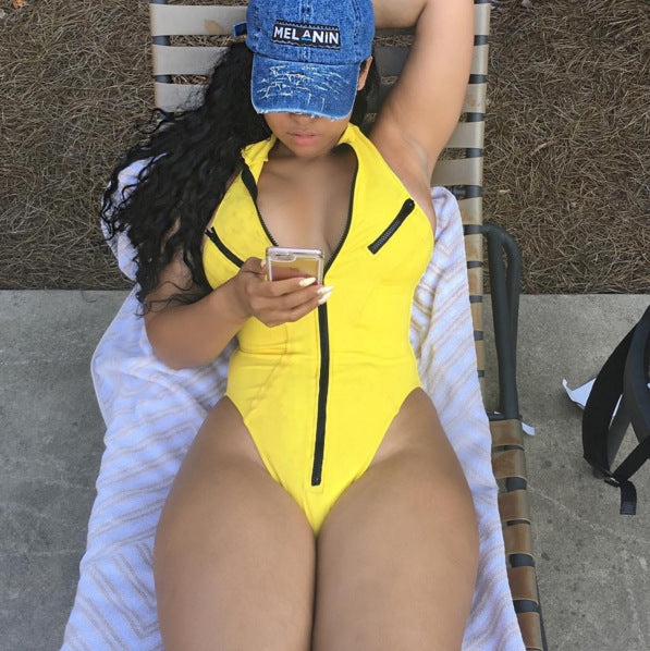Gathered Sexy Bikini Ladies One-Piece Zipper Swimsuit