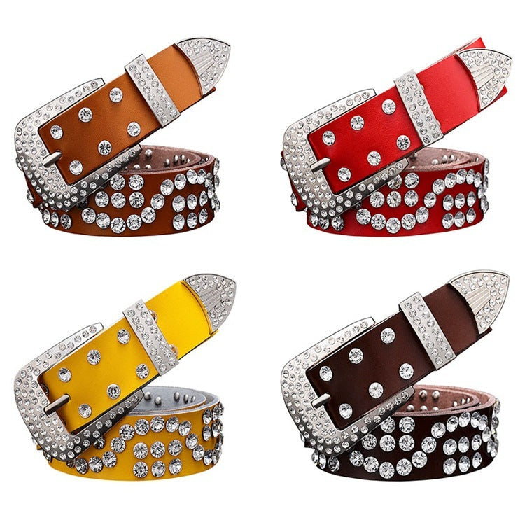Women's Leather Diamond-Studded Cowhide Pin Buckle Belt - Elegant Glamour