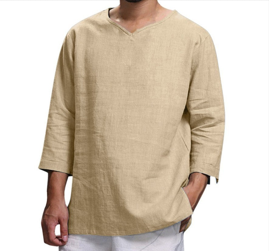 Lös, avslappnad topp med v-ringning, bomull och linne, långärmad pullover, herrkläder