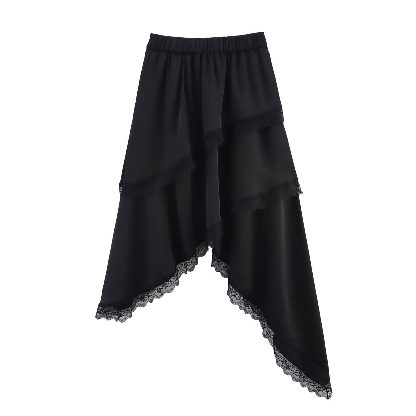 Professional Solid Color Multi-Layer Lace Tiered Skirt - Polyester High-Waisted (Black/White, M-L, College Style)