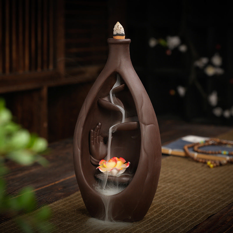 F céramique cascade brûleur d'encens bouddha main encensoir intérieur fumée reflux fontaine d'encens bouddhiste autel Table décor