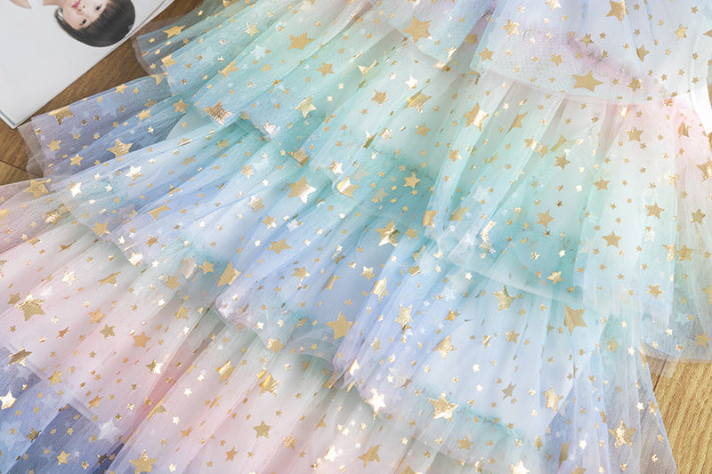 Robe d'été à gâteau princesse pour filles, fil en filet avec étoiles arc-en-ciel, pour enfants