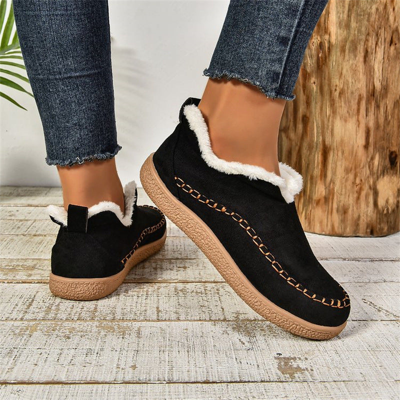Women's V-Cut Plush Ankle Boots - Winter Velvet Flat Snow Boots