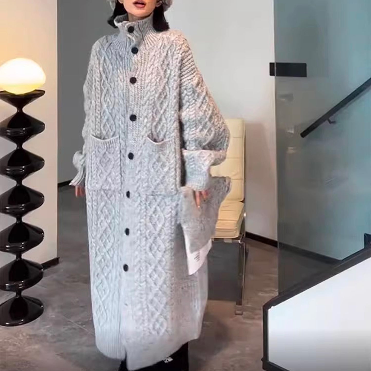 Manteau pull twist épais à col haut, pull long cardigan tricoté gris confortable sur le genou, pull Boho pour femmes, vêtements gagnants pour femmes