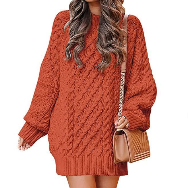 Indulge in the Luxe: Women's Round Neck Long Sleeve Twisted Knitted Mid-length Dress Sweater