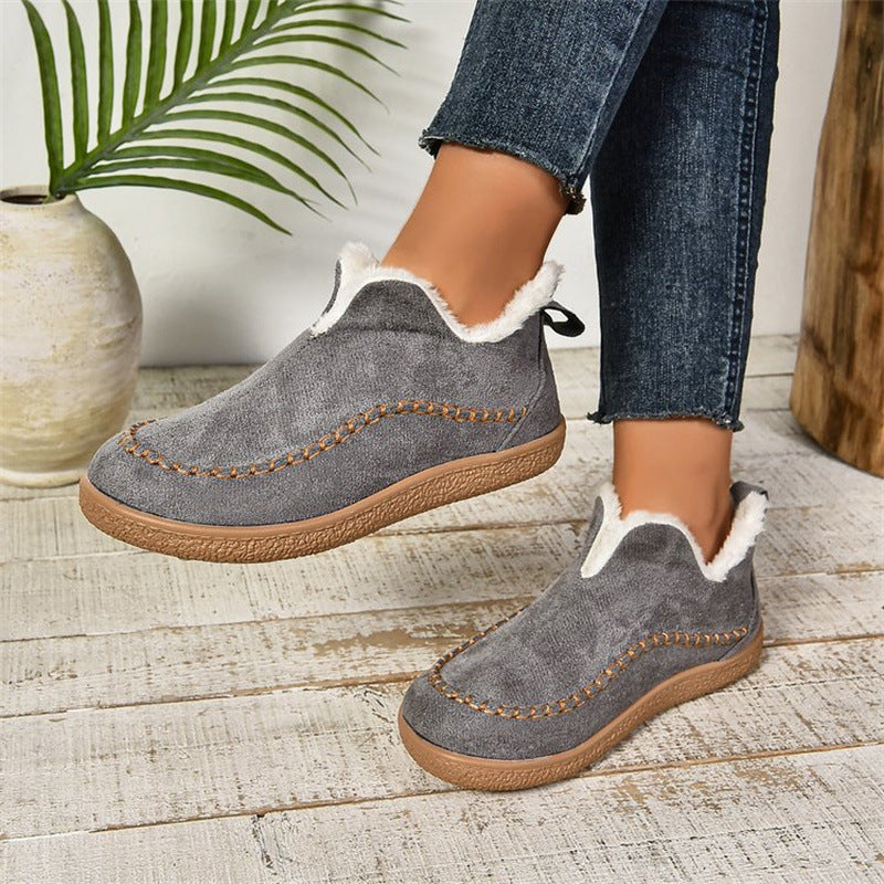 Women's V-Cut Plush Ankle Boots - Winter Velvet Flat Snow Boots