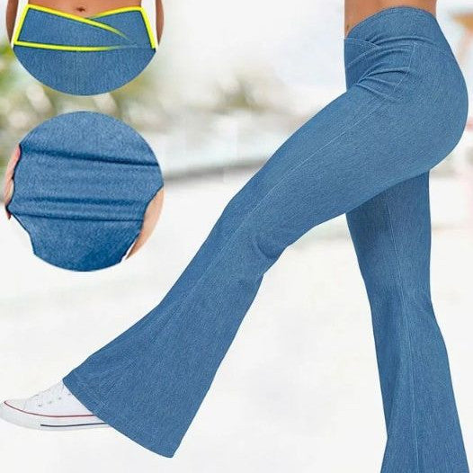 Enfärgad hög midja Cross Stretch Denim Casual Sports Bell-bottom byxor