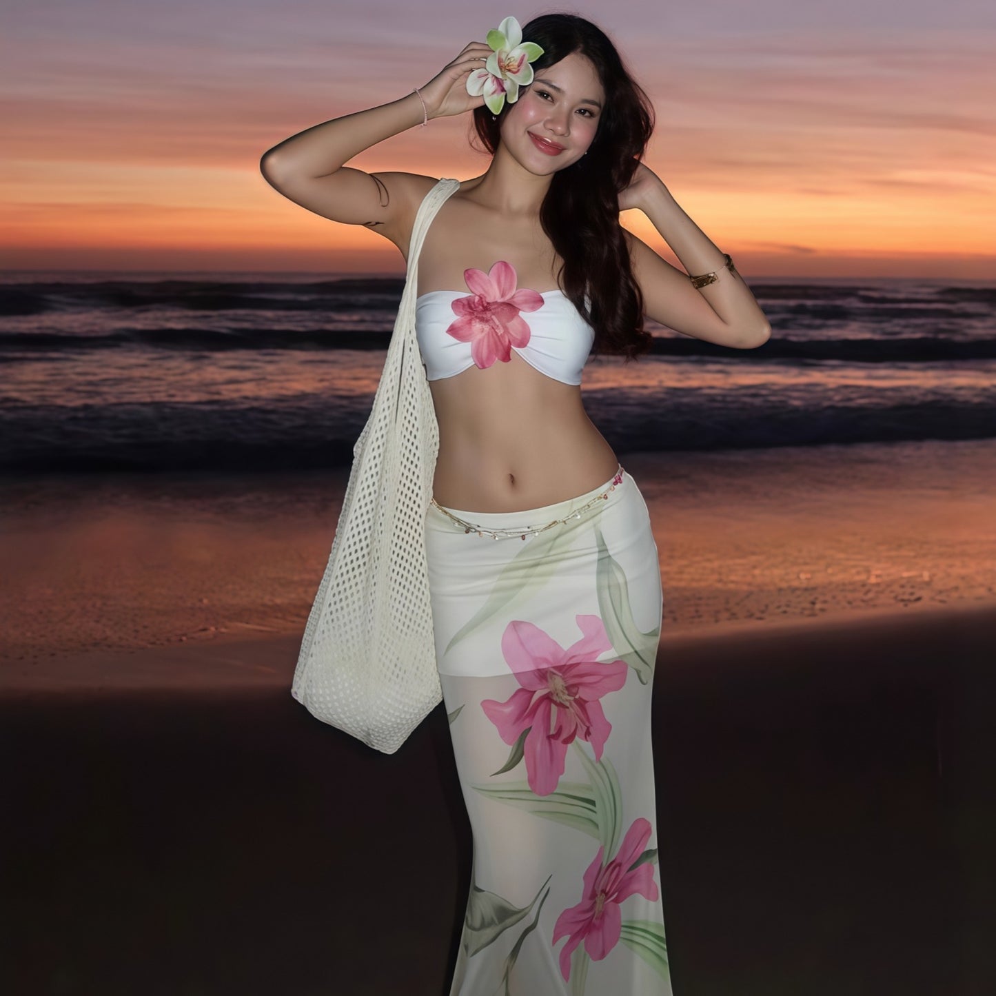 Holiday Fashion: Women's Printed Mesh Sheath Skirt - Vacation Style Mid-Length