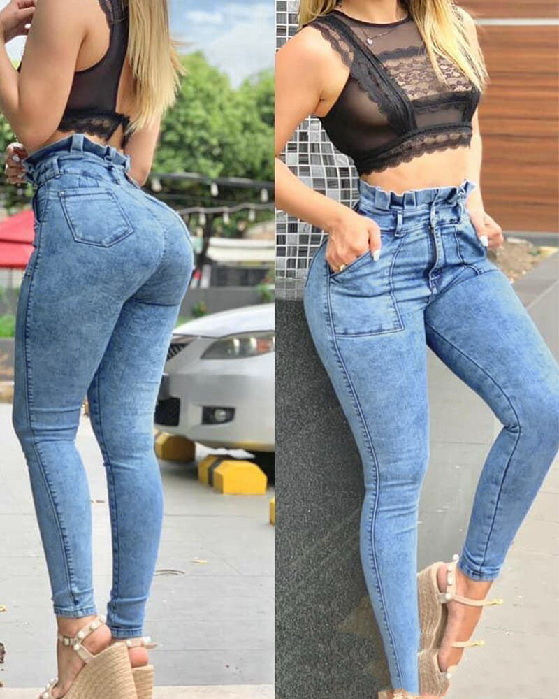 Jeans skinny pour femmes européennes et américaines avec oreilles en bois