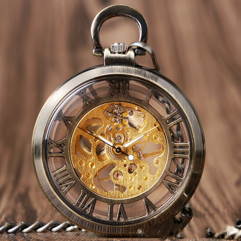 Hollow Roman Character Mechanical Pocket Watch - Ancient Aesthetics Modern Intricate Sleek Reliable Fine Watchmaking