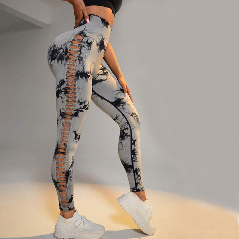 Hollow Tie Dye tryckta yogabyxor Hög midja rumplyft Sömlös Sport Gym Fitness Leggings Slimbyxor för kvinnor Tighta byxor