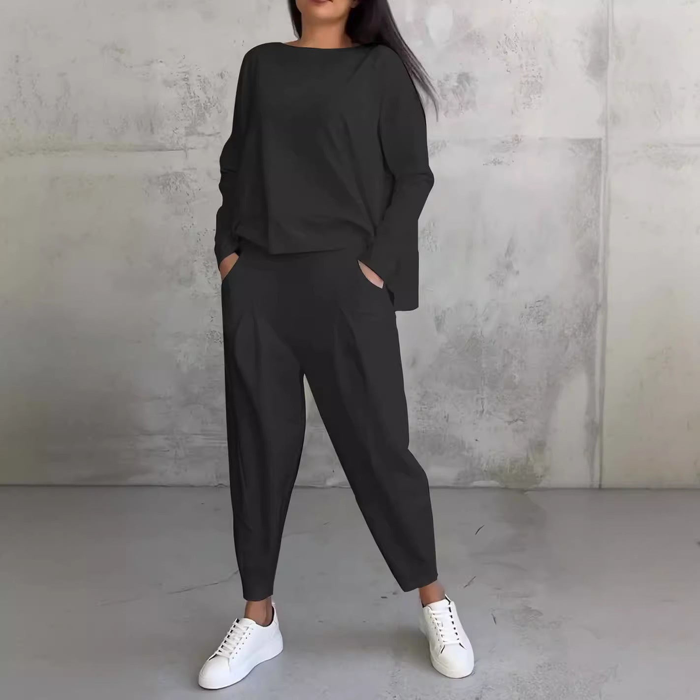Women's Irregular Suit Long-sleeved Round Neck Top And Loose Harem Pants With Pockets Ins Fashion Trousers Set Women's Clothing