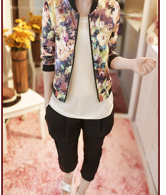 Jacket Trendy Wild Floral Zipper Stand Collar Long Sleeve Short Jacket Women - Stylish Versatile Vibrant Chic Modern
