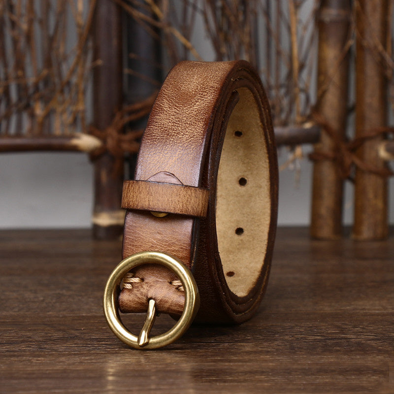 Women's Fashion Leather Jeans Belt Brass Buckle - Casual Chic