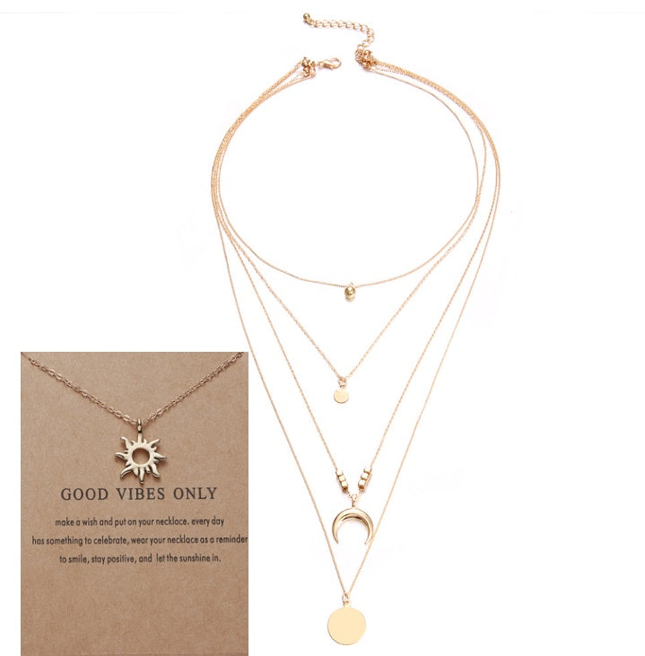 Multi-Layer Moon Pendant Necklace for Women Bohemian Wafer Elegant Necklace