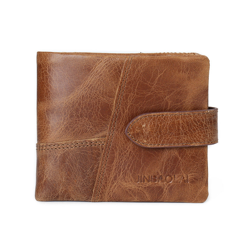 Portefeuille court en cuir pour hommes, première couche de peau de vache, Vintage, fermeture éclair, boucle