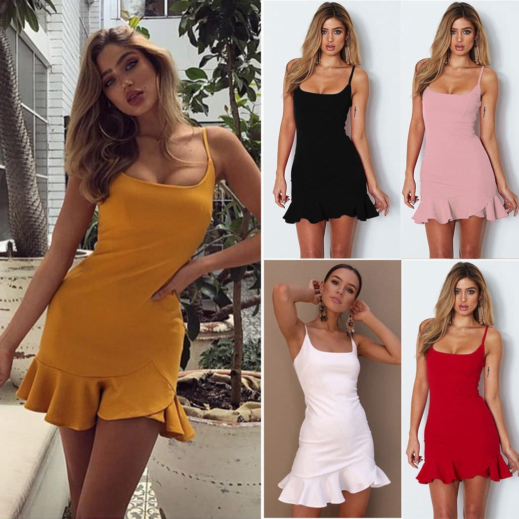 Robe trompette à volants pour femmes, sans manches, bretelles Spaghetti, Slim, robe d'été, robes courtes de soirée, nouvelle collection