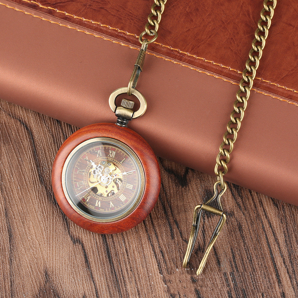 Mahogany Texture Dial Golden Roman Literal Automatic Mechanical Wooden Pocket Watch - Natural Luxurious Sustainable Elegant Exquisite