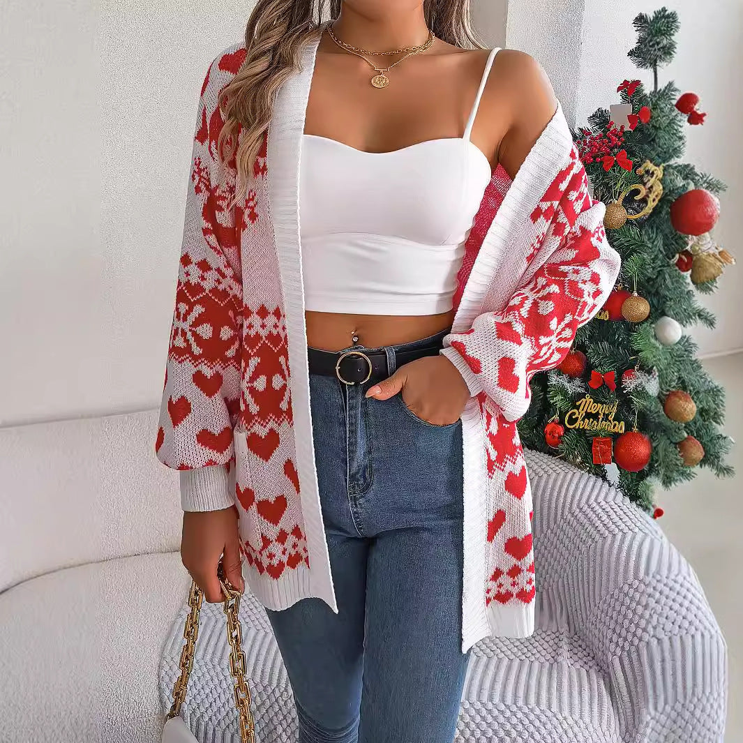 Christmas Women's Open Front Cardigan - Lantern Sleeve, Xmas Printed, Oversized Deer Sweater with Pockets
