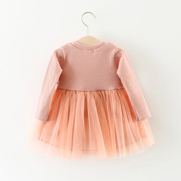 A031 New Fall Children's Dress - Floral Waist Long Sleeved Princess Dress