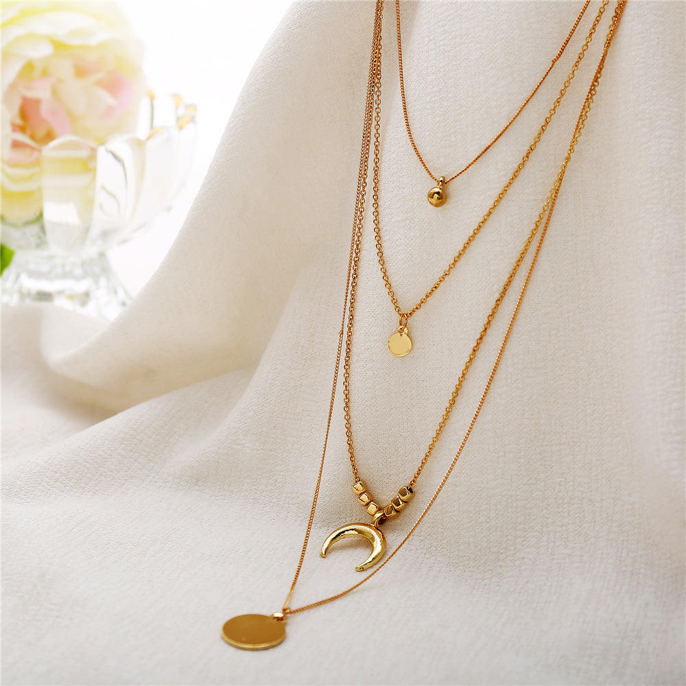 Multi-Layer Moon Pendant Necklace for Women Bohemian Wafer Elegant Necklace
