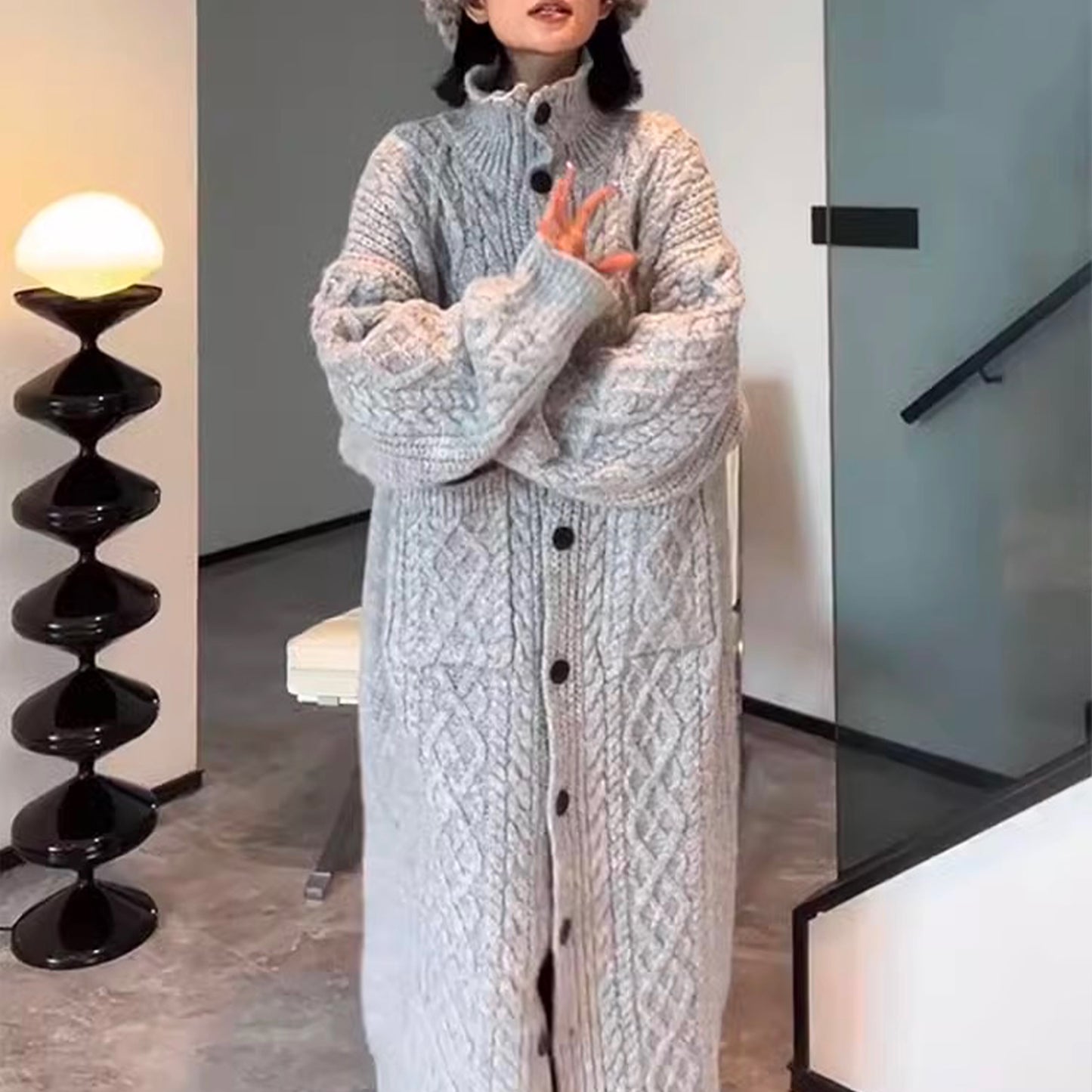 Manteau pull twist épais à col haut, pull long cardigan tricoté gris confortable sur le genou, pull Boho pour femmes, vêtements gagnants pour femmes