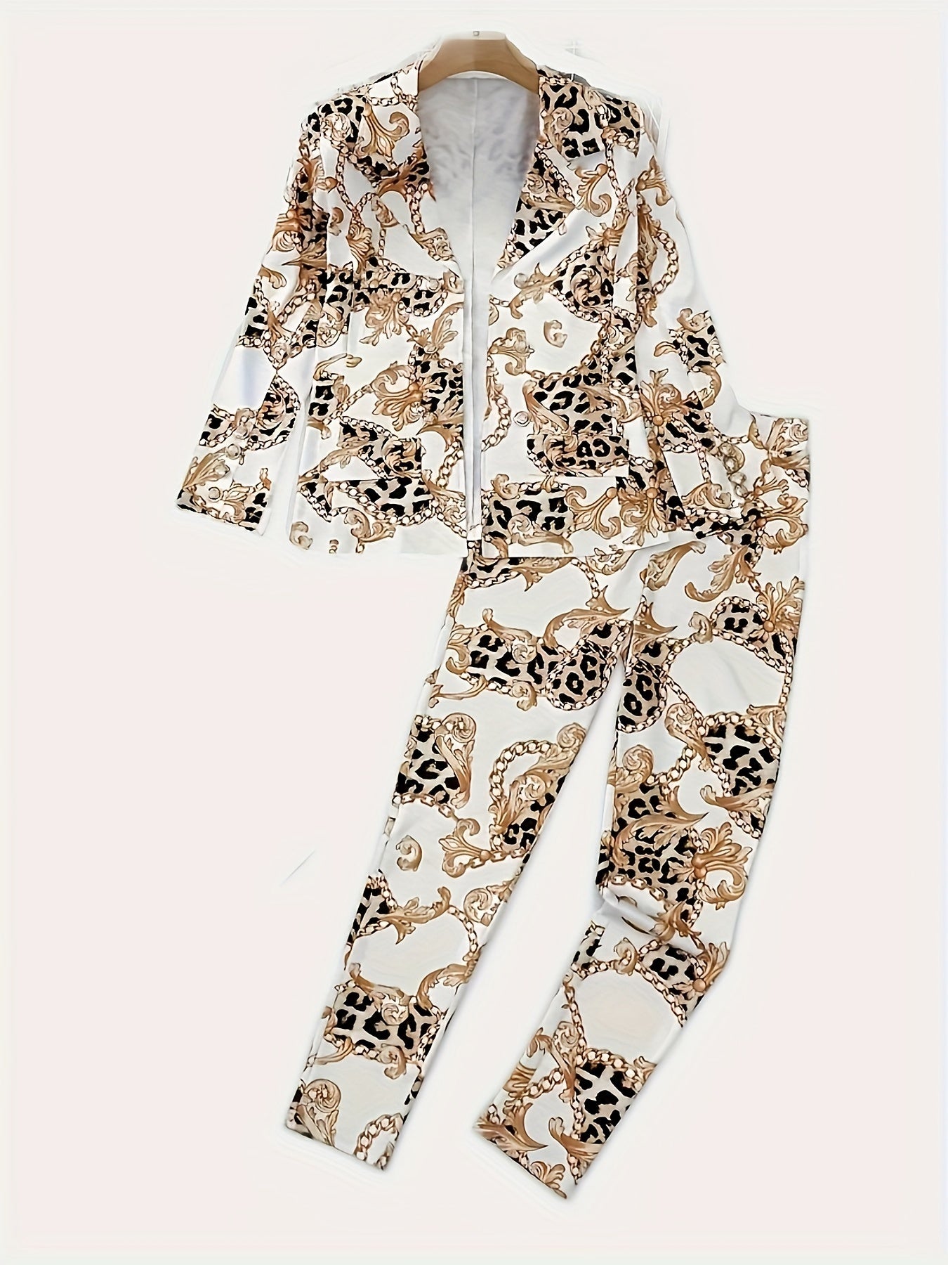 Tvådelad kavaj med slagmönster, geometriskt tryck, mikroelastiska, fuskknappar, casual tyg, outfit för vår och höst, polyester, damkläder, säljs inte på Amazon