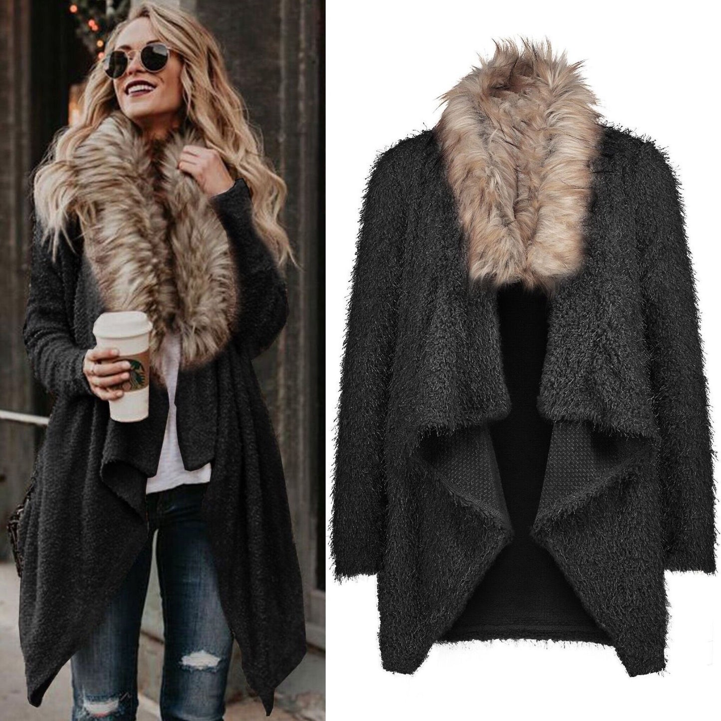 Trench-coat en peluche cardigan à col en fourrure