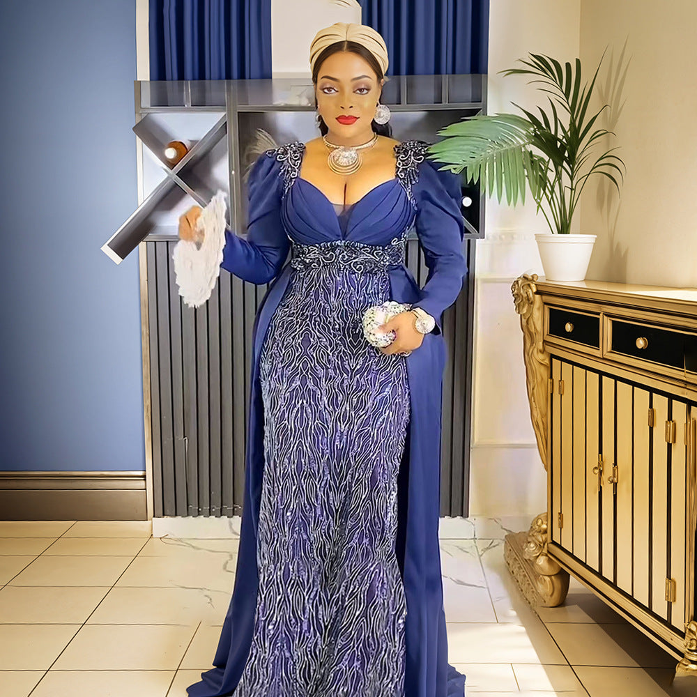 Plus Size Damklänning V-ringad Rygglös Paljettklänning