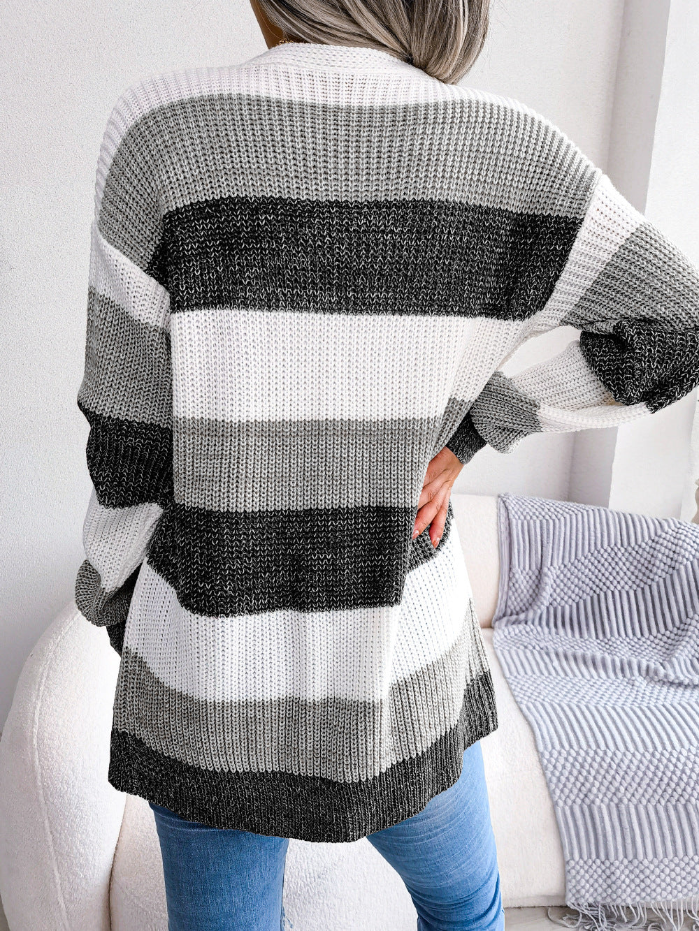 Rutig tröja Kvinnor Casual Lanternärmar Cardigan Jacka Ytterkläder Kläder