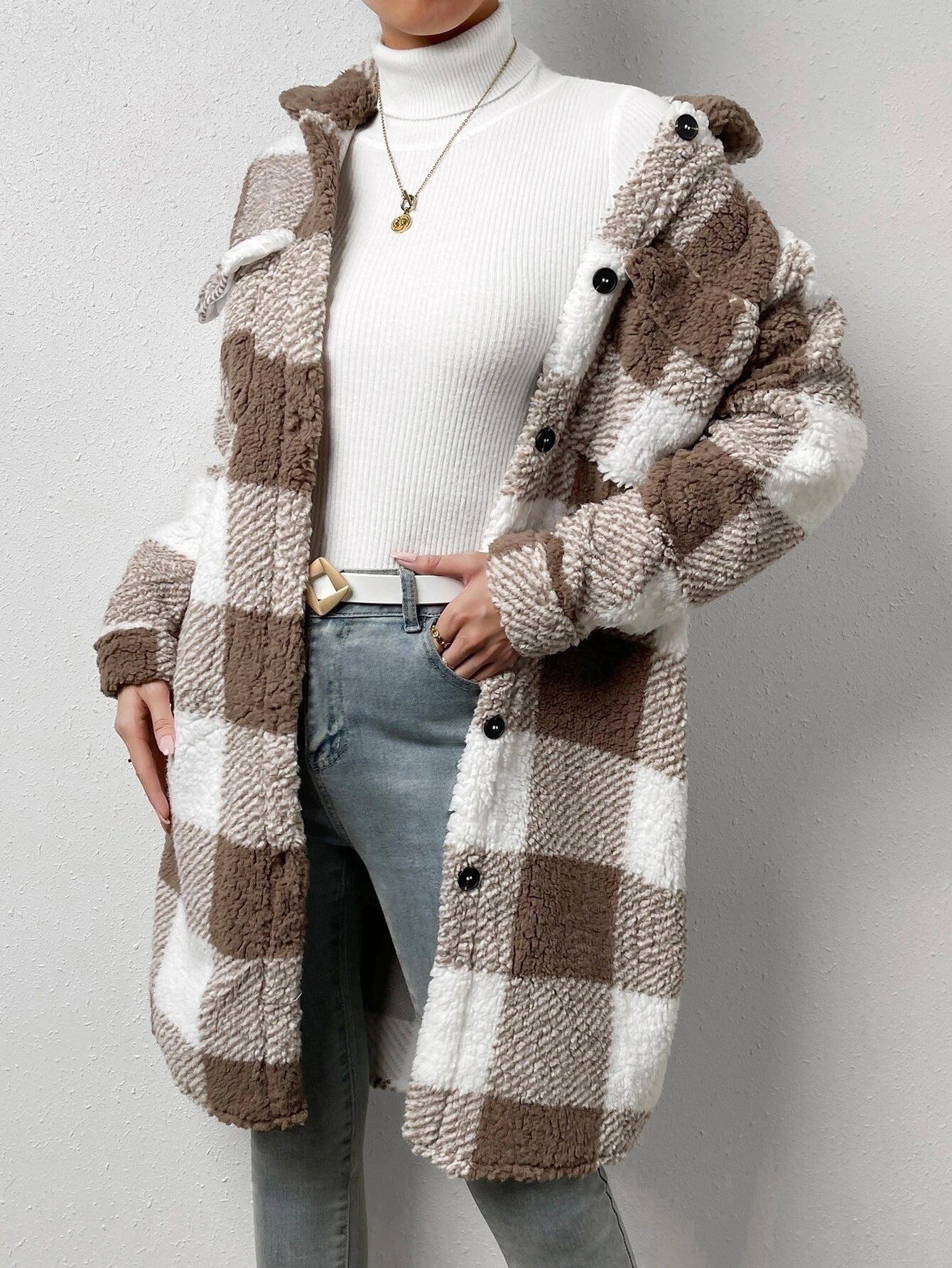 Manteau à carreaux en peluche à revers boutonné, ample