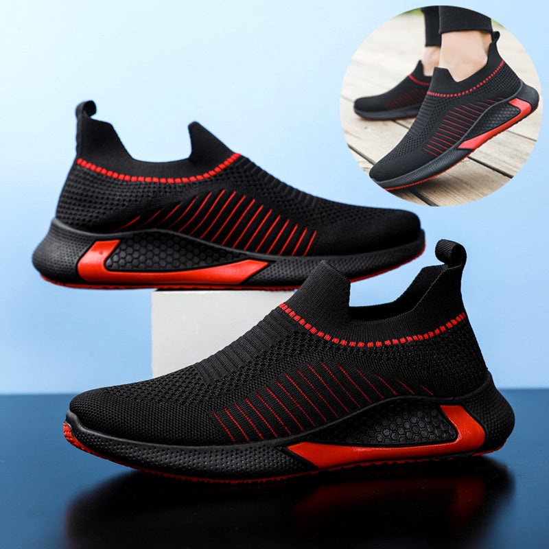 Moderiktiga nätskor med randig design för män, utomhus, andningsbara, slip-on-sneakers, ädelträ, lätta löparskor