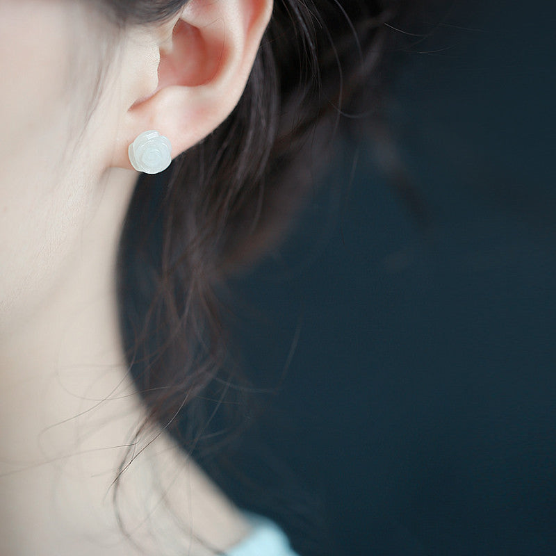 Ose Flower Sterling Silver Women Hetian Jade Flower Earrings