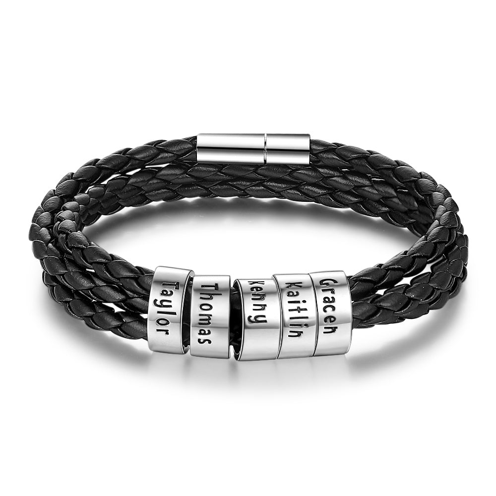 Personligt flätat läderarmband i rostfritt stål med pärlor och namnberlocker för män med efternamn