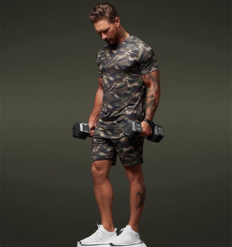 Tvådelad kortärmad kostym Fitness Fritid Kamouflage Sportkläder
