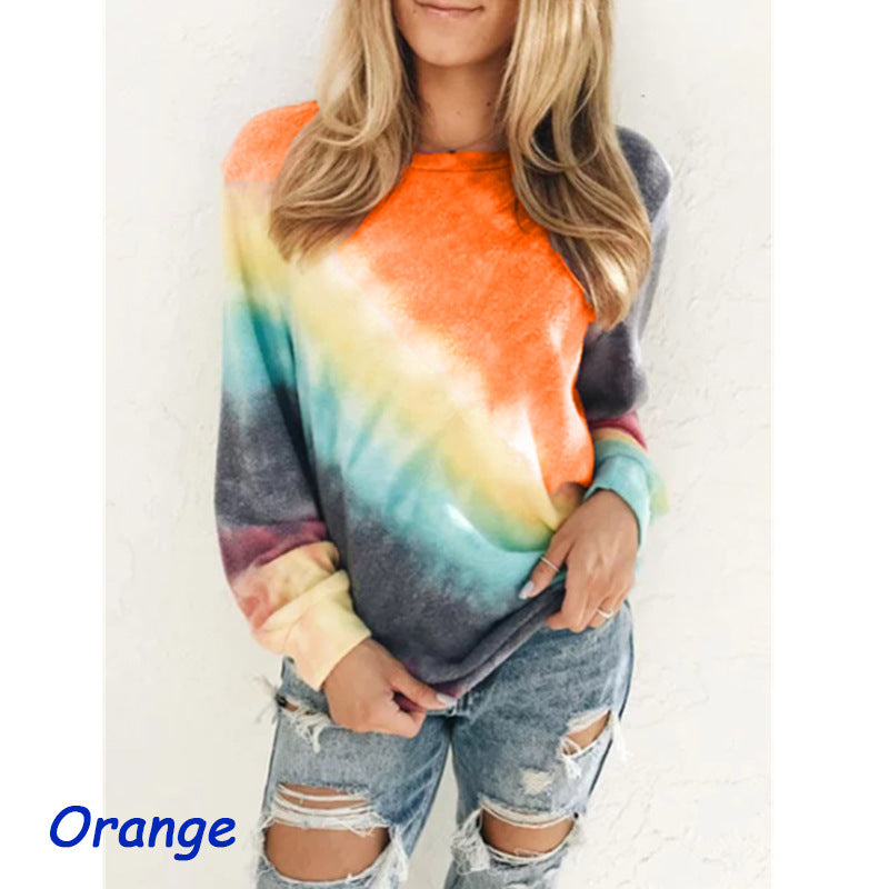Fashion Tie Dye Rainbow Casual Lång ärm T-shirt för kvinnor