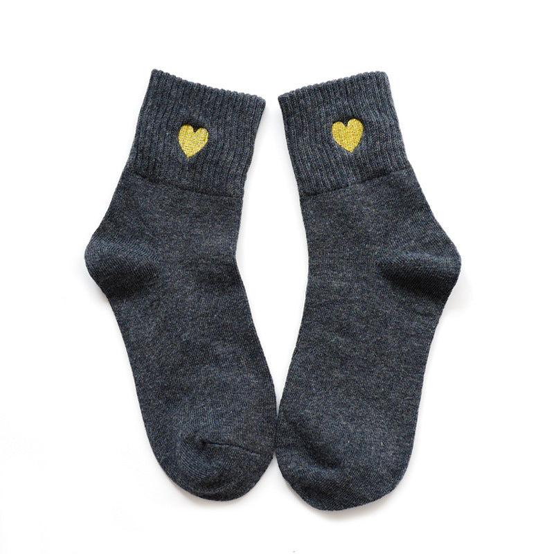 Winter Warm Thick Socks with Embroidery - Heart Shape Design