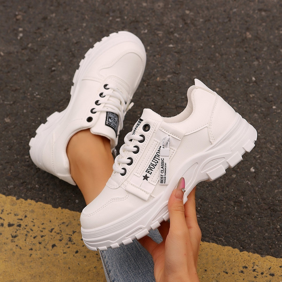 Snörskor med dragkedja i sidan Moderiktiga, tjocka, rundade casualskor för kvinnor Sneakers